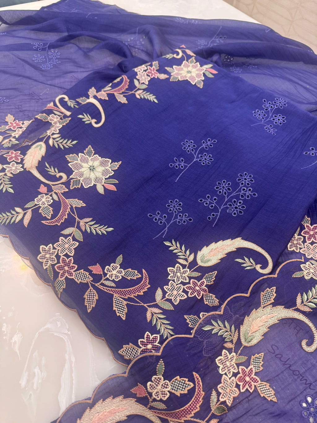 Pure Mul Chanderi Multicolour Embroidered Semi-Stitched Kurta Dupatta Set