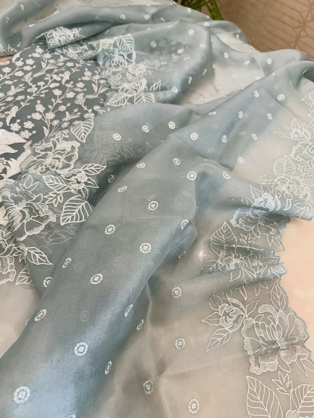 Pure Organza Silk Self-Embroidered Kurta Set
