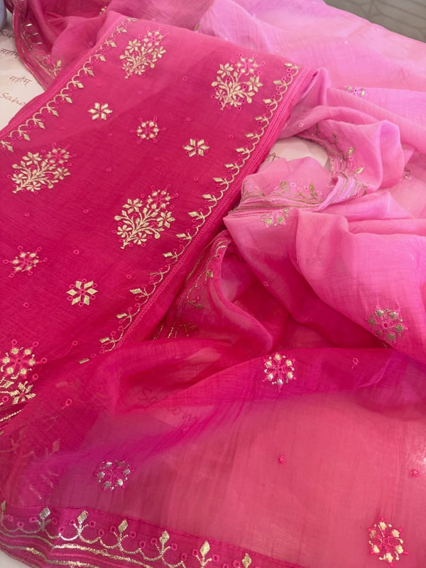 Ombre dyed mul chanderi kurta and dupatta having beautiful tilla and kaaviya work.