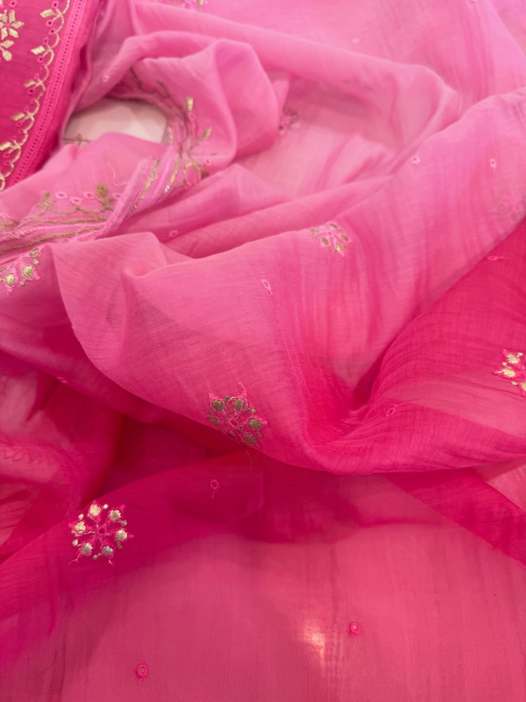 Ombre dyed mul chanderi kurta and dupatta having beautiful tilla and kaaviya work.