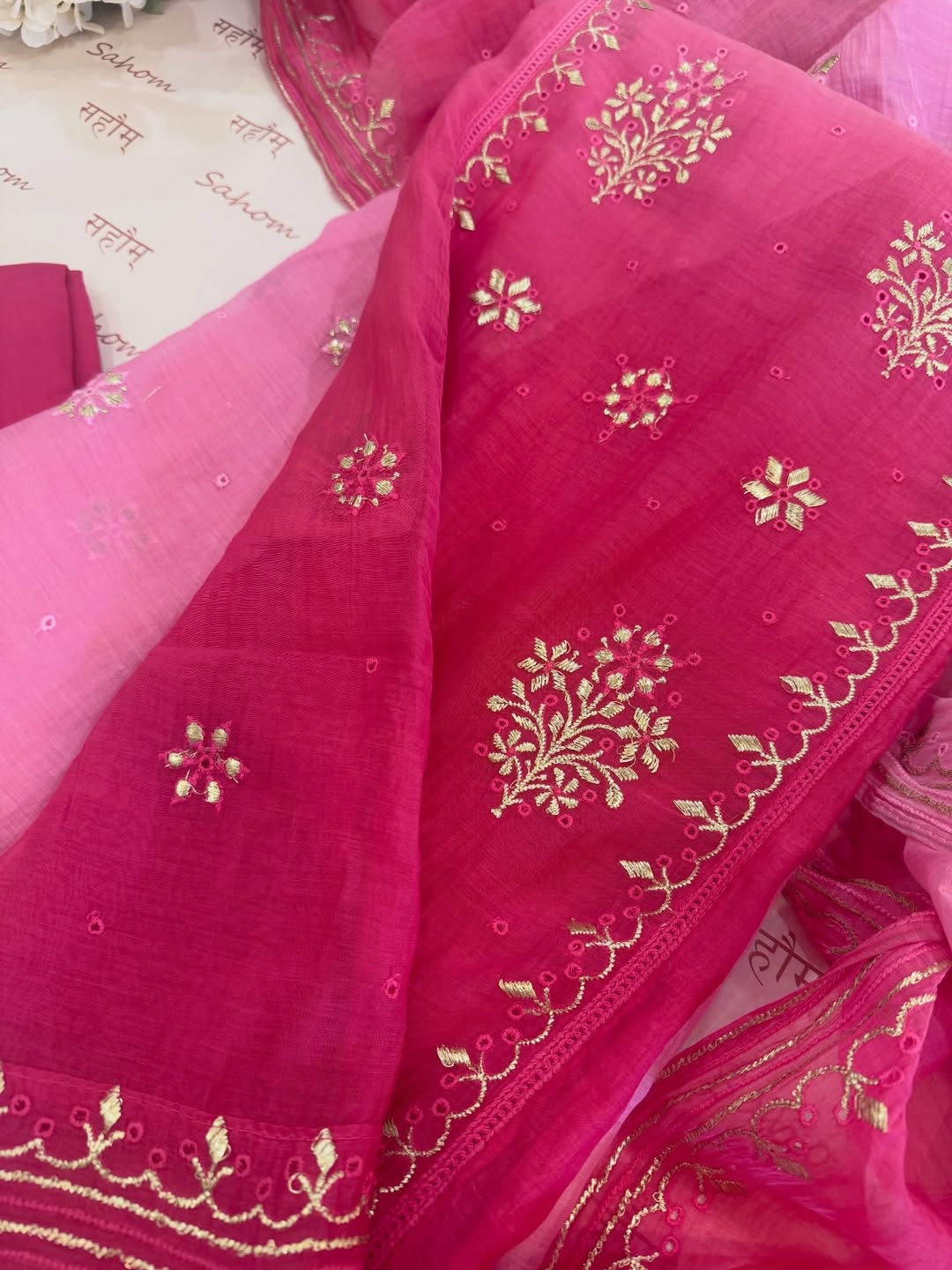 Ombre dyed mul chanderi kurta and dupatta having beautiful tilla and kaaviya work.