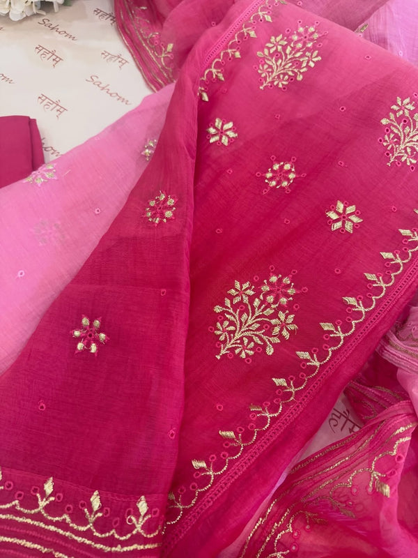 Ombre dyed mul chanderi kurta and dupatta having beautiful tilla and kaaviya work.