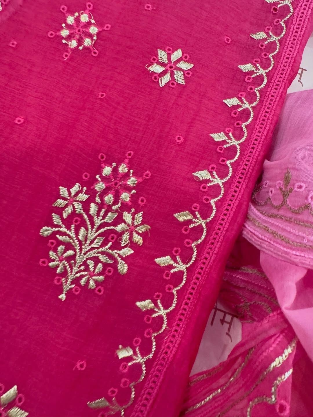 Ombre dyed mul chanderi kurta and dupatta having beautiful tilla and kaaviya work.