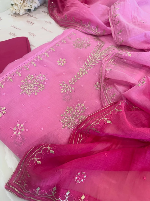 Ombre dyed mul chanderi kurta and dupatta having beautiful tilla and kaaviya work.