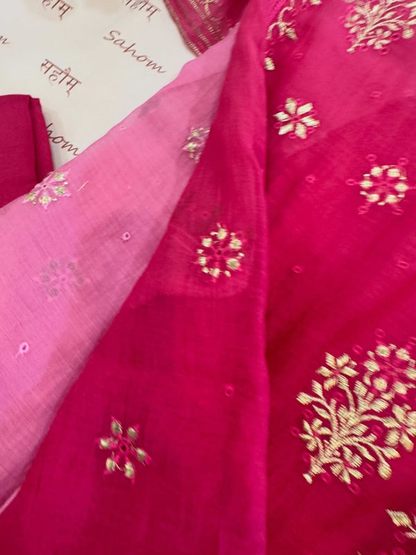 Ombre dyed mul chanderi kurta and dupatta having beautiful tilla and kaaviya work.