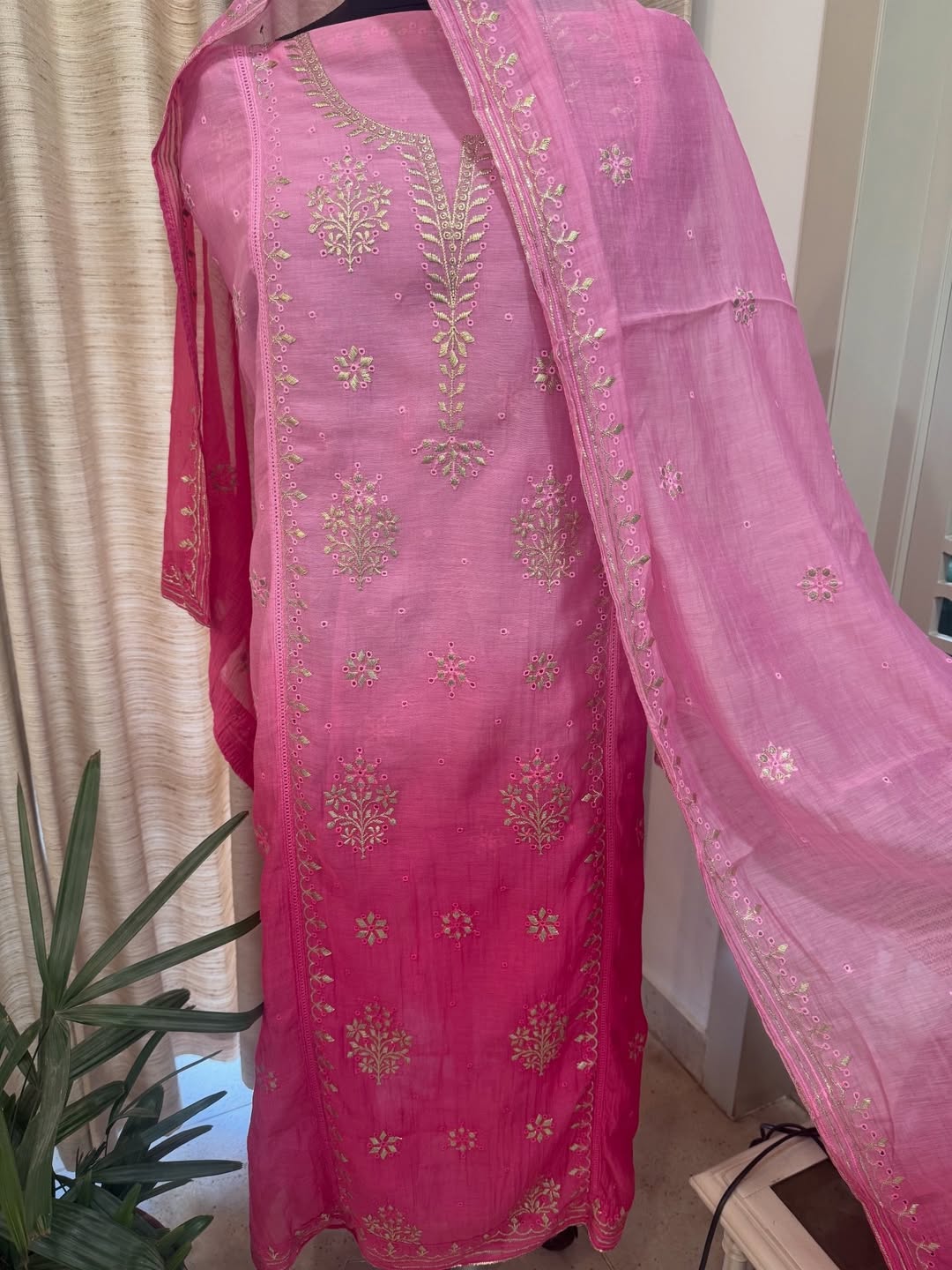 Ombre dyed mul chanderi kurta and dupatta having beautiful tilla and kaaviya work.