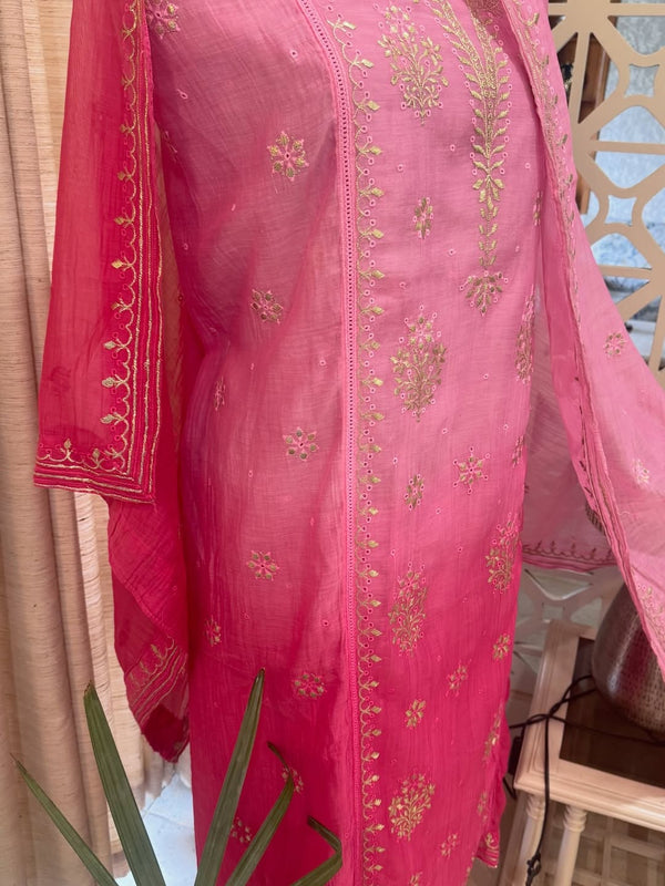 Ombre dyed mul chanderi kurta and dupatta having beautiful tilla and kaaviya work.