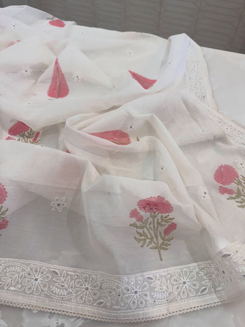 Pure Mul Chanderi Lucknowi Chikankari Block Print Suit Set