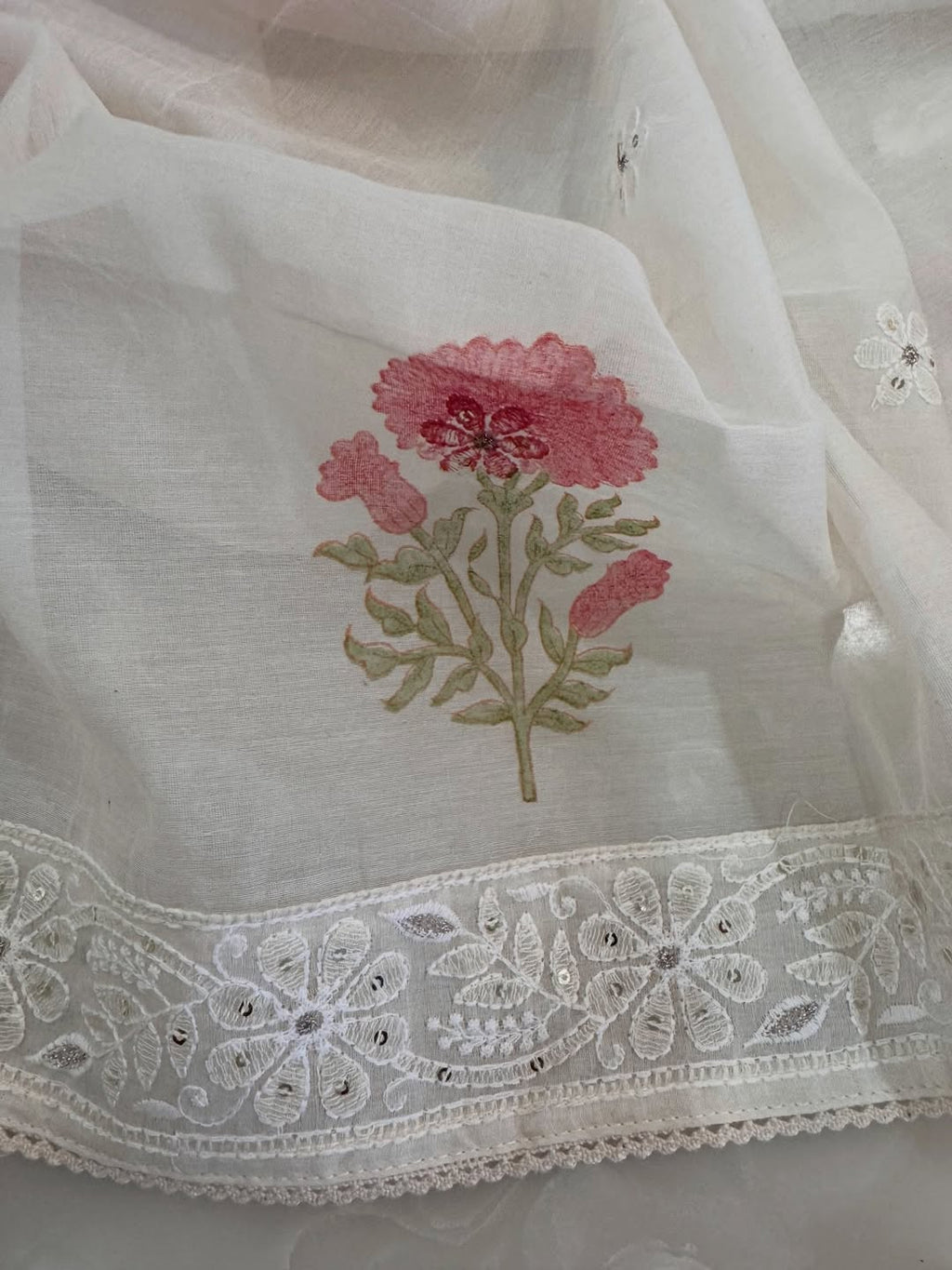 Pure Mul Chanderi Lucknowi Chikankari Block Print Suit Set