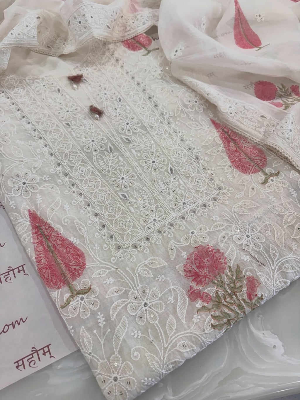 Pure Mul Chanderi Lucknowi Chikankari Block Print Suit Set