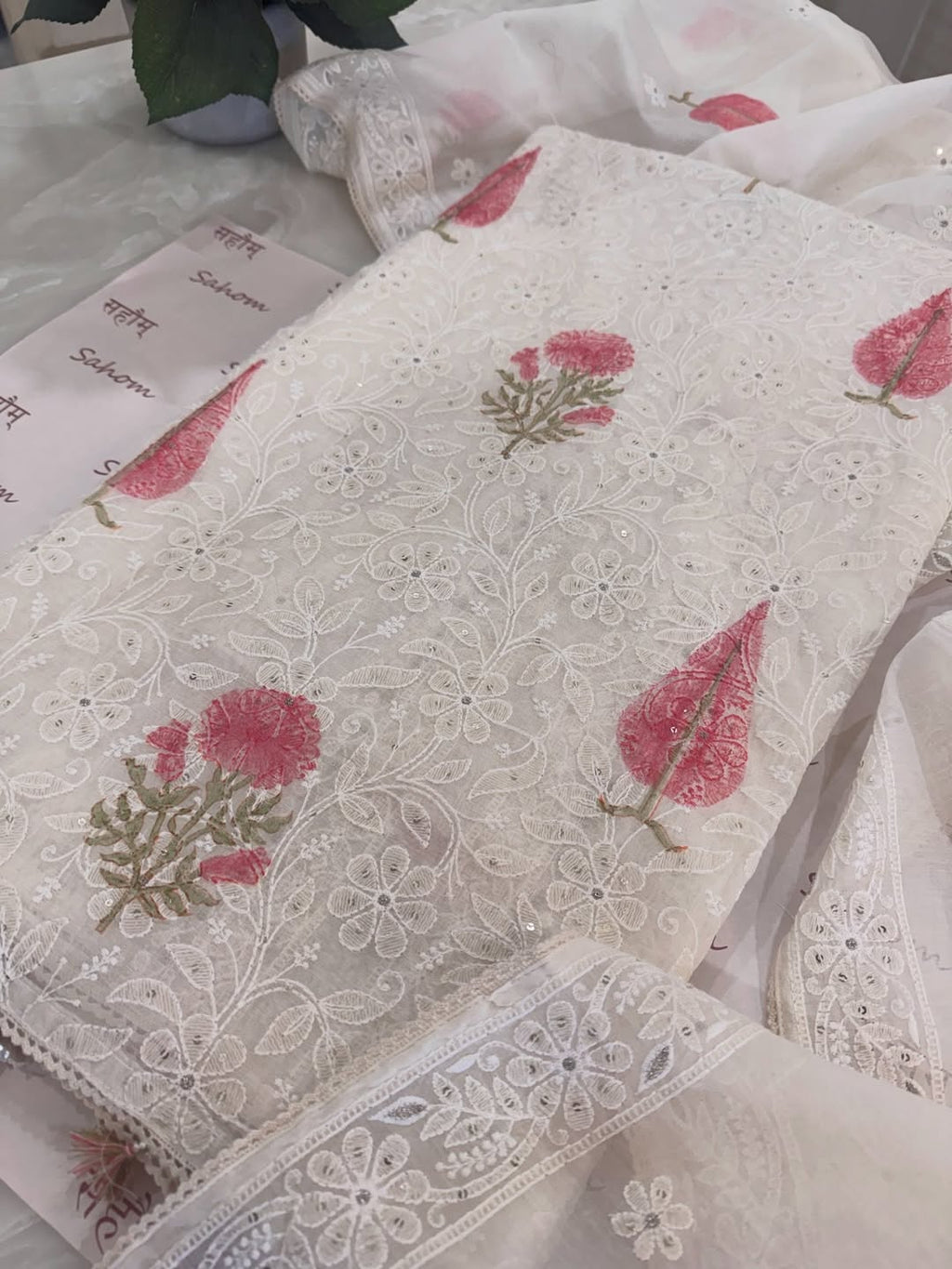 Pure Mul Chanderi Lucknowi Chikankari Block Print Suit Set
