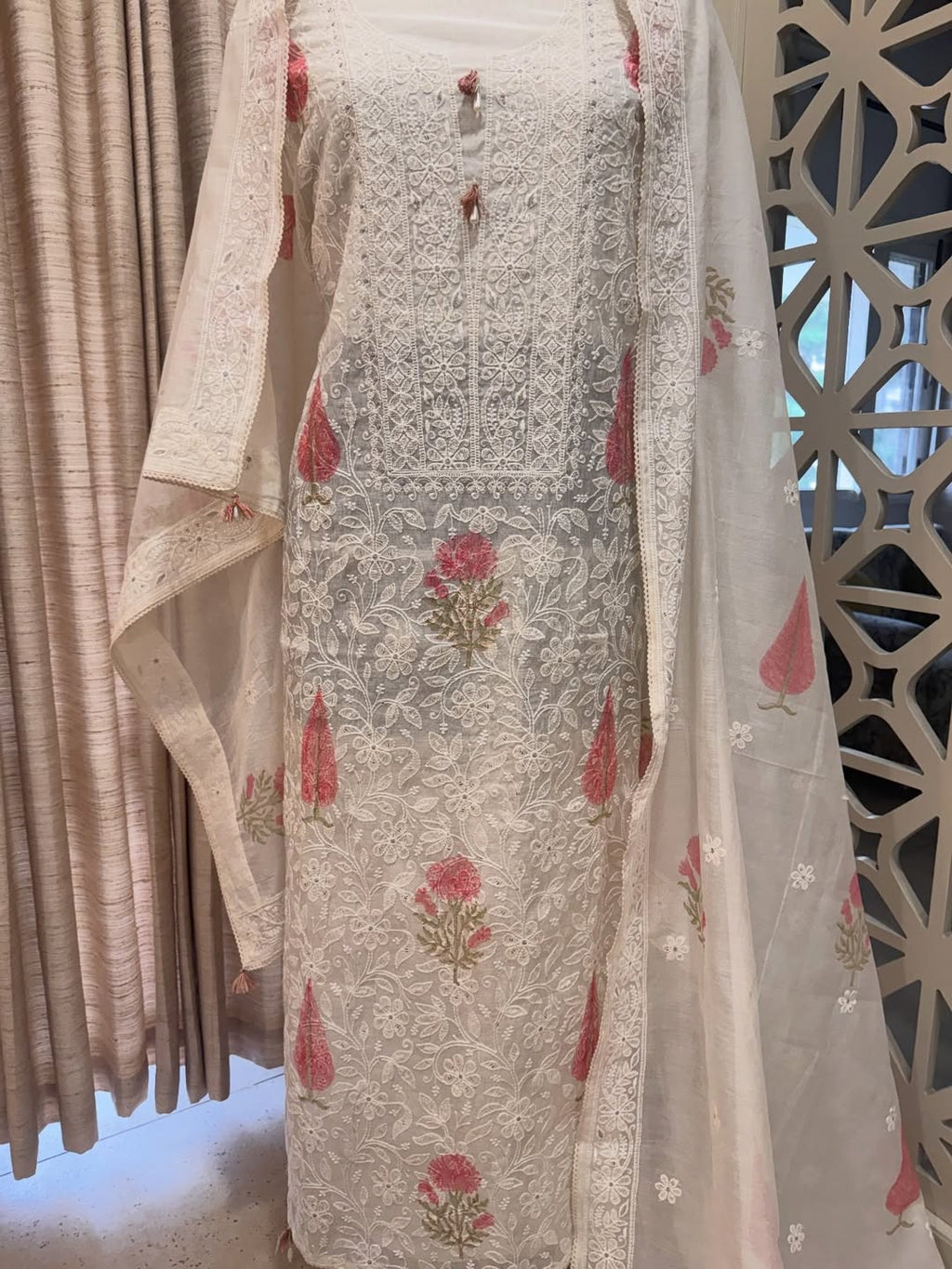 Pure Mul Chanderi Lucknowi Chikankari Block Print Suit Set