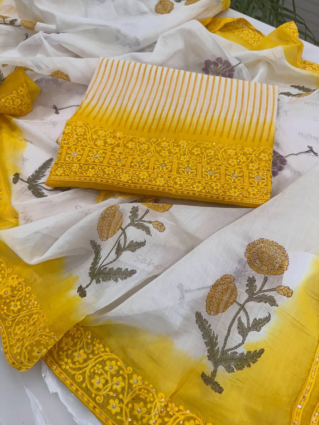 Pure Mul Chanderi Block Print & Lucknowi Chikankari Suit Set