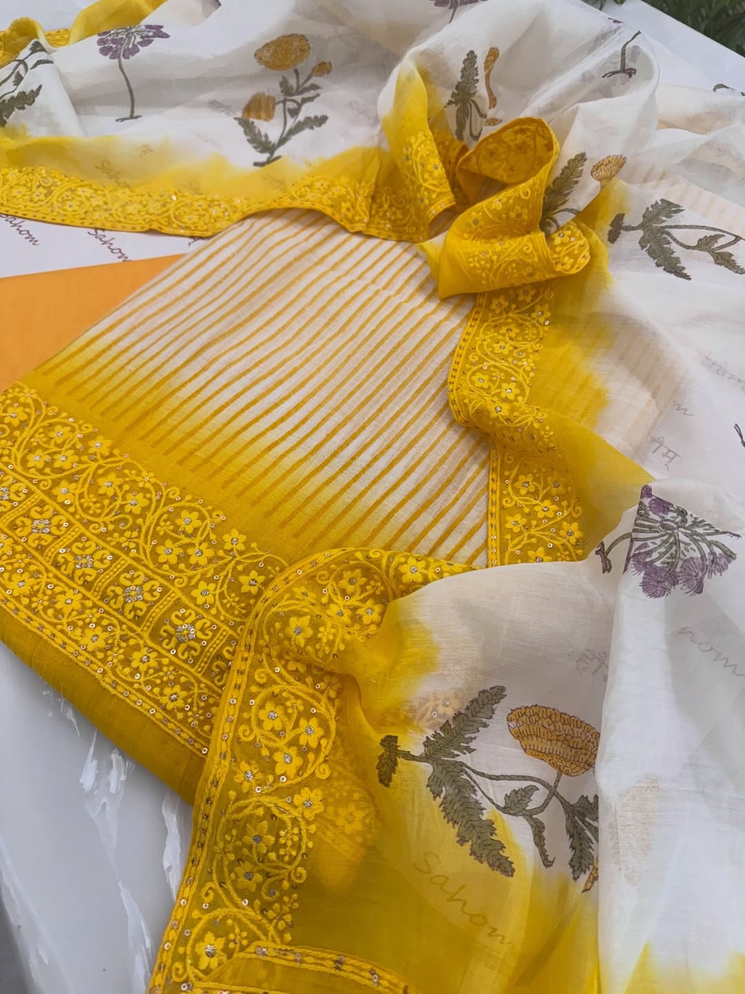 Pure mul chanderi block printed kurta and dupatta with beautiful Lucknavi chikankari. Plain lower.