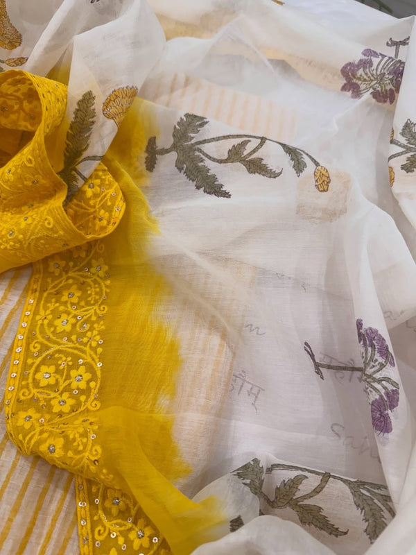 Pure mul chanderi block printed kurta and dupatta with beautiful Lucknavi chikankari. Plain lower.