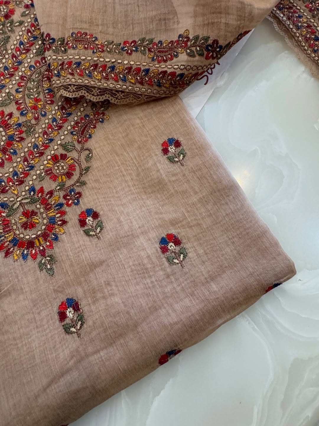 Pure mul chanderi semi stitched kurta and dupatta having beautiful multicoloured embroidery inspire the Kashmiri embroidery art palette.
