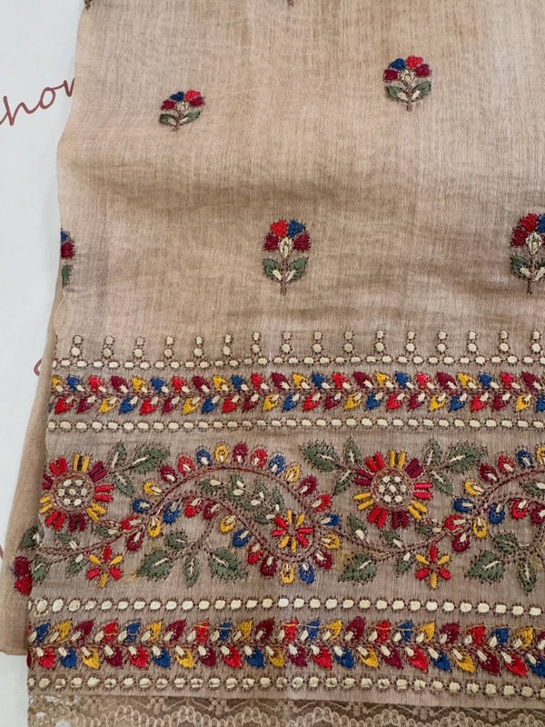 Pure mul chanderi semi stitched kurta and dupatta having beautiful multicoloured embroidery inspire the Kashmiri embroidery art palette.