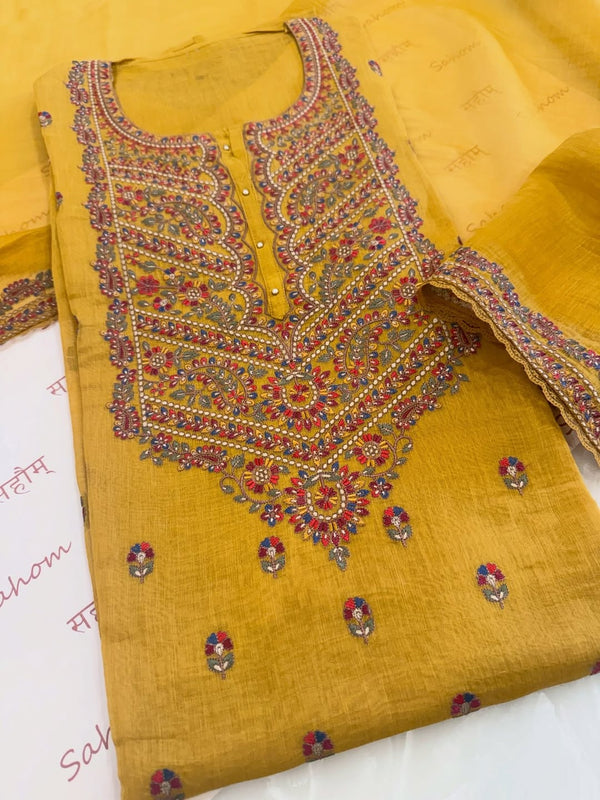 Pure mul chanderi semi stitched kurta and dupatta having beautiful multicoloured embroidery inspire the Kashmiri embroidery art palette.