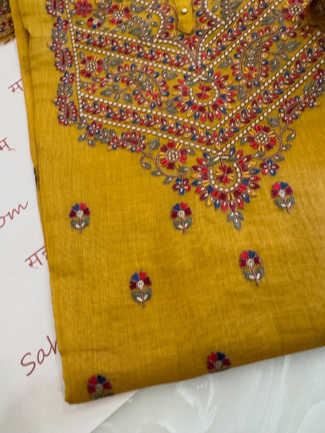 Pure mul chanderi semi stitched kurta and dupatta having beautiful multicoloured embroidery inspire the Kashmiri embroidery art palette.