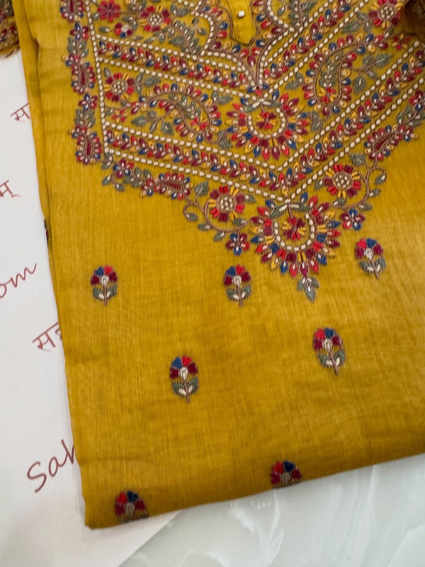 Pure mul chanderi semi stitched kurta and dupatta having beautiful multicoloured embroidery inspire the Kashmiri embroidery art palette.