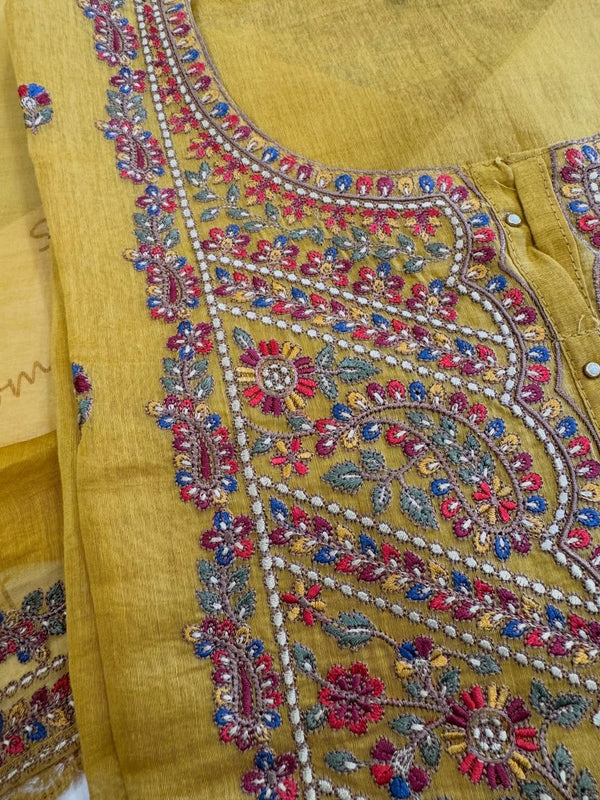 Pure mul chanderi semi stitched kurta and dupatta having beautiful multicoloured embroidery inspire the Kashmiri embroidery art palette.