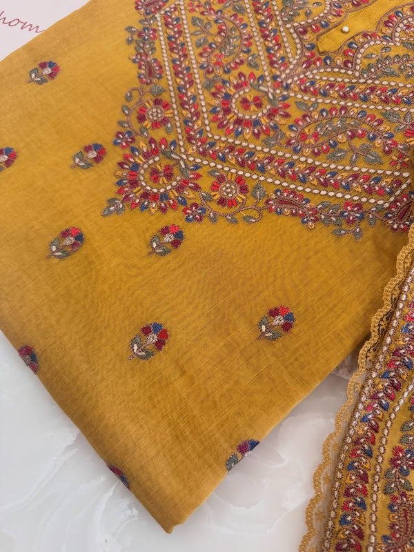 Pure mul chanderi semi stitched kurta and dupatta having beautiful multicoloured embroidery inspire the Kashmiri embroidery art palette.