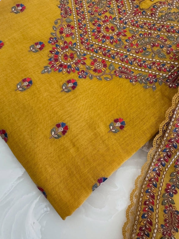 Pure mul chanderi semi stitched kurta and dupatta having beautiful multicoloured embroidery inspire the Kashmiri embroidery art palette.