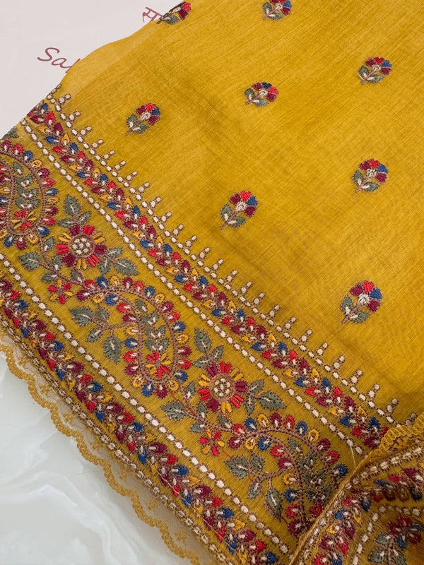 Pure mul chanderi semi stitched kurta and dupatta having beautiful multicoloured embroidery inspire the Kashmiri embroidery art palette.