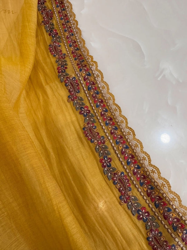 Pure mul chanderi semi stitched kurta and dupatta having beautiful multicoloured embroidery inspire the Kashmiri embroidery art palette.