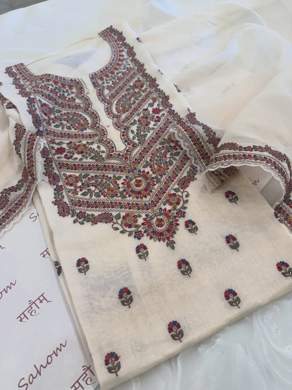 Pure mul chanderi semi stitched kurta and dupatta having beautiful multicoloured embroidery inspire the Kashmiri embroidery art palette.