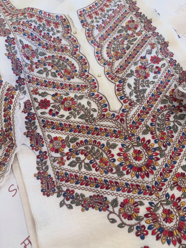 Pure mul chanderi semi stitched kurta and dupatta having beautiful multicoloured embroidery inspire the Kashmiri embroidery art palette.