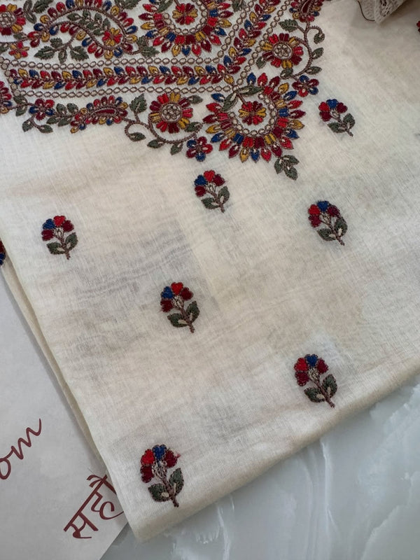 Pure mul chanderi semi stitched kurta and dupatta having beautiful multicoloured embroidery inspire the Kashmiri embroidery art palette.