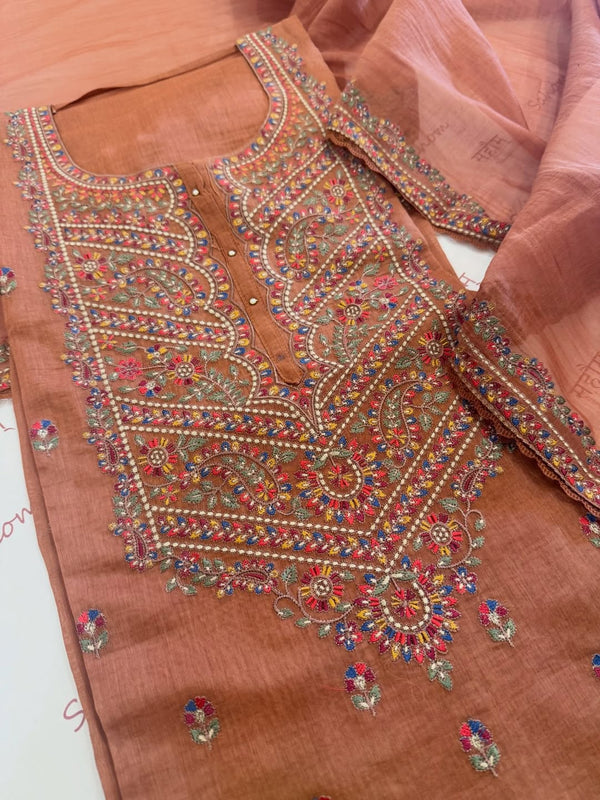 Pure mul chanderi semi stitched kurta and dupatta having beautiful multicoloured embroidery inspire the Kashmiri embroidery art palette.