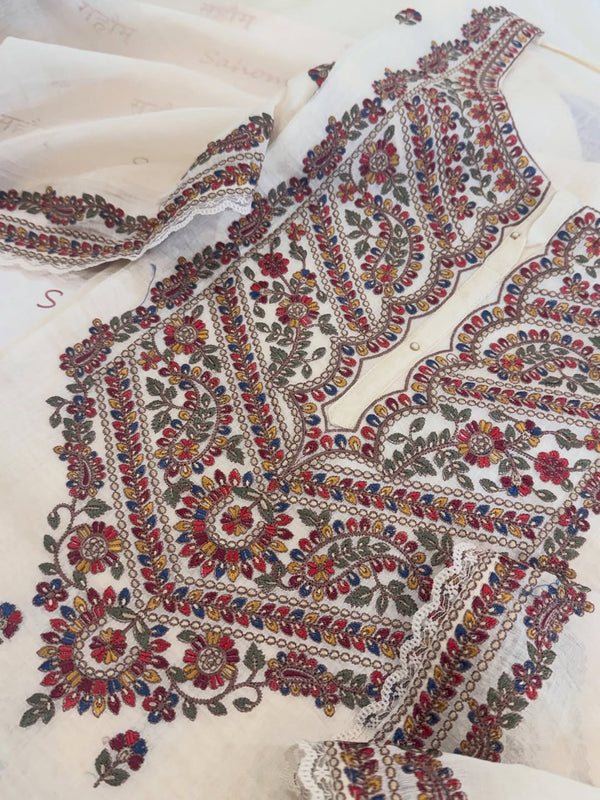 Pure mul chanderi semi stitched kurta and dupatta having beautiful multicoloured embroidery inspire the Kashmiri embroidery art palette.