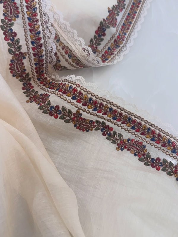 Pure mul chanderi semi stitched kurta and dupatta having beautiful multicoloured embroidery inspire the Kashmiri embroidery art palette.