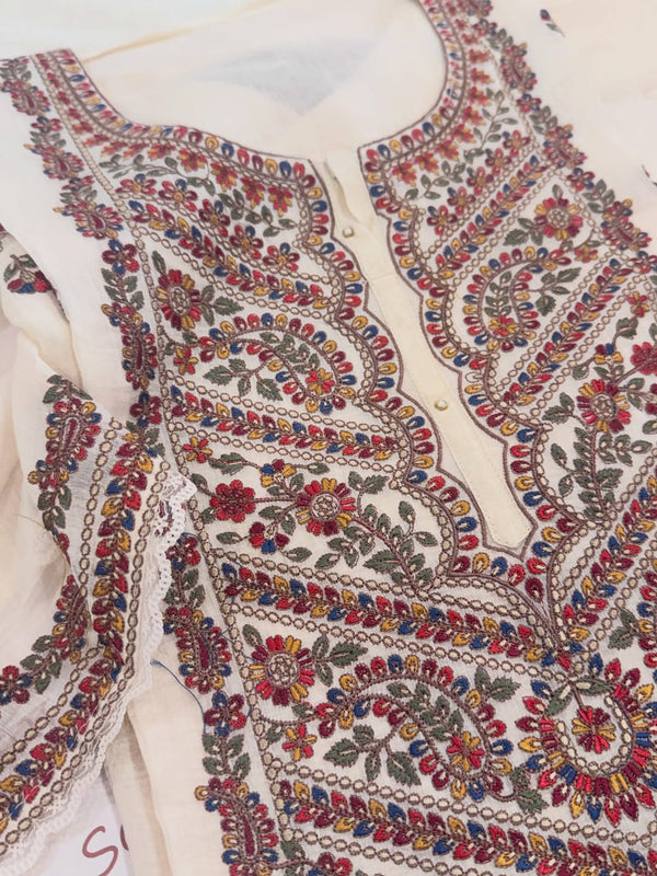 Pure mul chanderi semi stitched kurta and dupatta having beautiful multicoloured embroidery inspire the Kashmiri embroidery art palette.