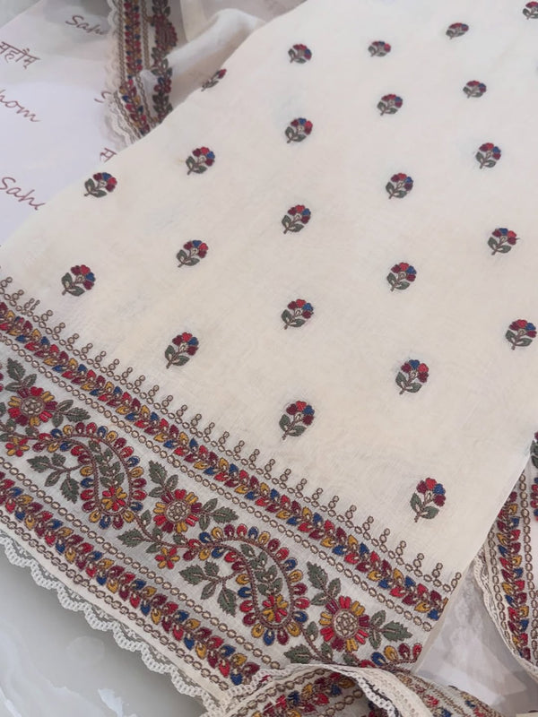 Pure mul chanderi semi stitched kurta and dupatta having beautiful multicoloured embroidery inspire the Kashmiri embroidery art palette.