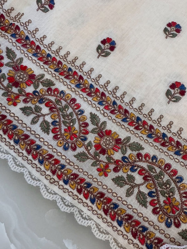 Pure mul chanderi semi stitched kurta and dupatta having beautiful multicoloured embroidery inspire the Kashmiri embroidery art palette.