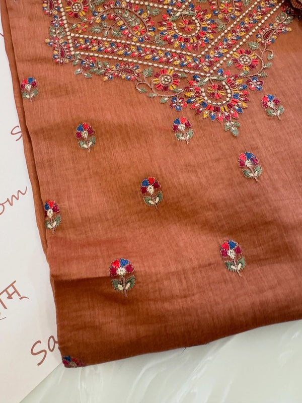 Pure mul chanderi semi stitched kurta and dupatta having beautiful multicoloured embroidery inspire the Kashmiri embroidery art palette.