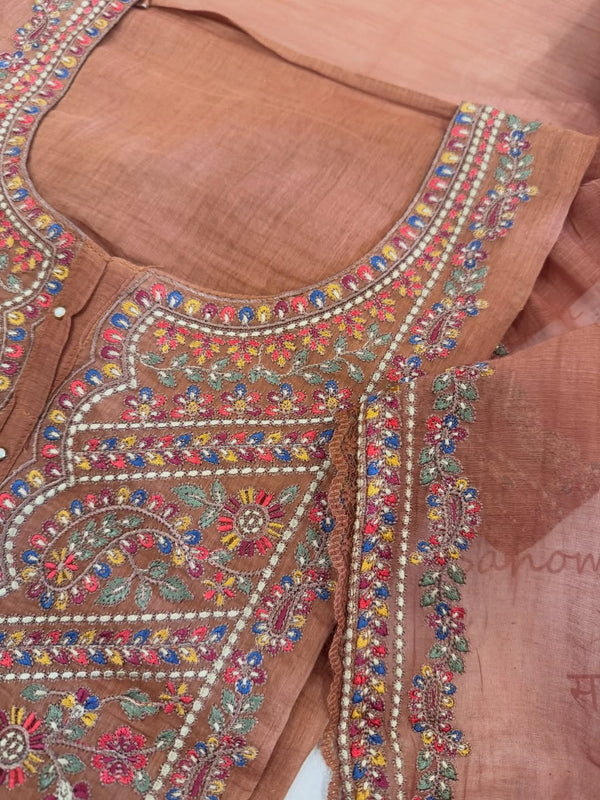 Pure mul chanderi semi stitched kurta and dupatta having beautiful multicoloured embroidery inspire the Kashmiri embroidery art palette.