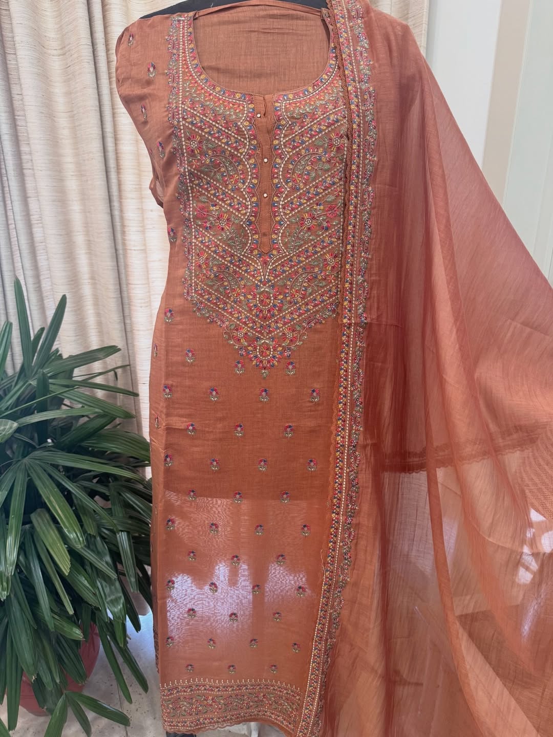 Pure mul chanderi semi stitched kurta and dupatta having beautiful multicoloured embroidery inspire the Kashmiri embroidery art palette.