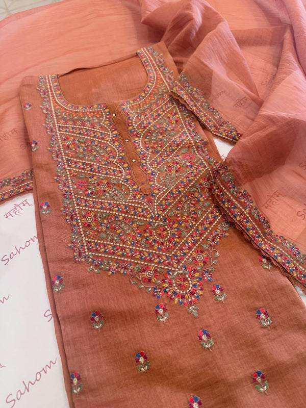 Pure mul chanderi semi stitched kurta and dupatta having beautiful multicoloured embroidery inspire the Kashmiri embroidery art palette.