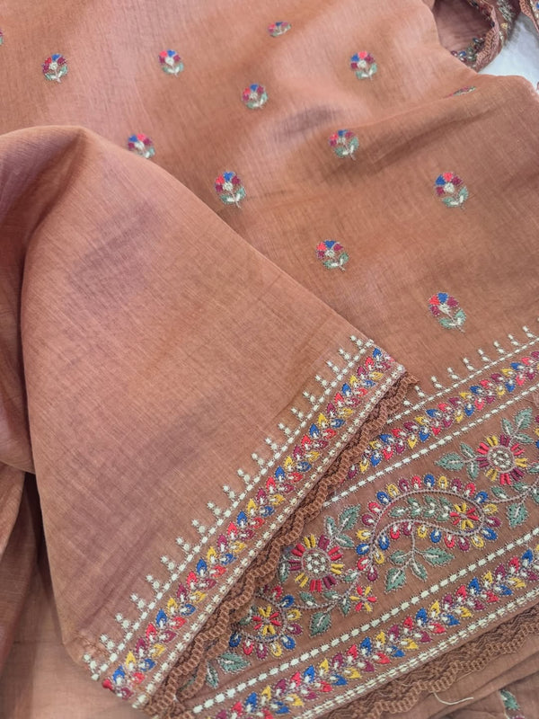 Pure mul chanderi semi stitched kurta and dupatta having beautiful multicoloured embroidery inspire the Kashmiri embroidery art palette.