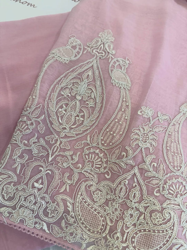 mul chanderi Kurta & Dupatta Set adorned with detailed thread and dori embroidery on the front daaman.