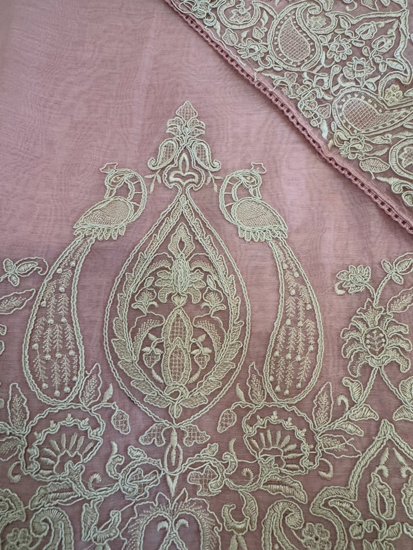 mul chanderi Kurta & Dupatta Set adorned with detailed thread and dori embroidery on the front daaman.