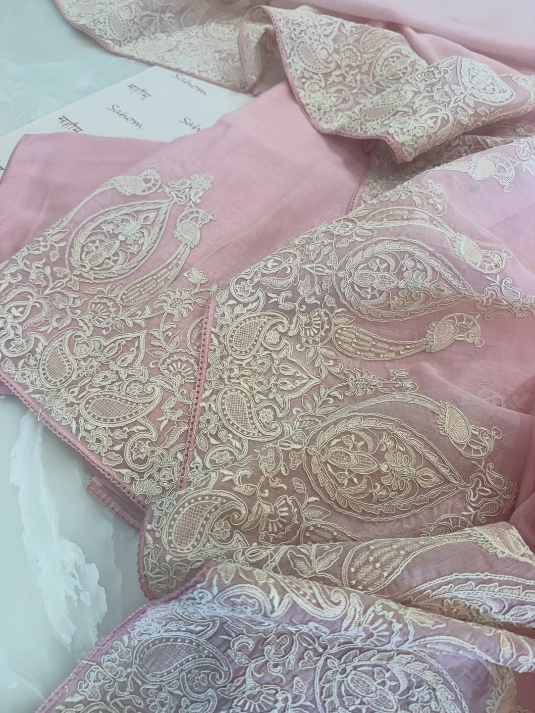 mul chanderi Kurta & Dupatta Set adorned with detailed thread and dori embroidery on the front daaman.