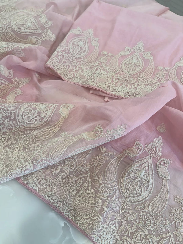 mul chanderi Kurta & Dupatta Set adorned with detailed thread and dori embroidery on the front daaman.