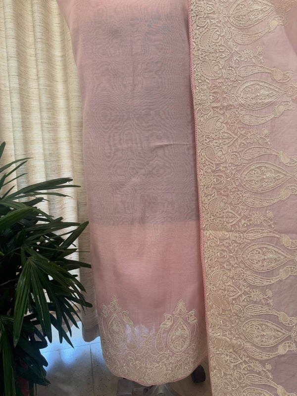 mul chanderi Kurta & Dupatta Set adorned with detailed thread and dori embroidery on the front daaman.