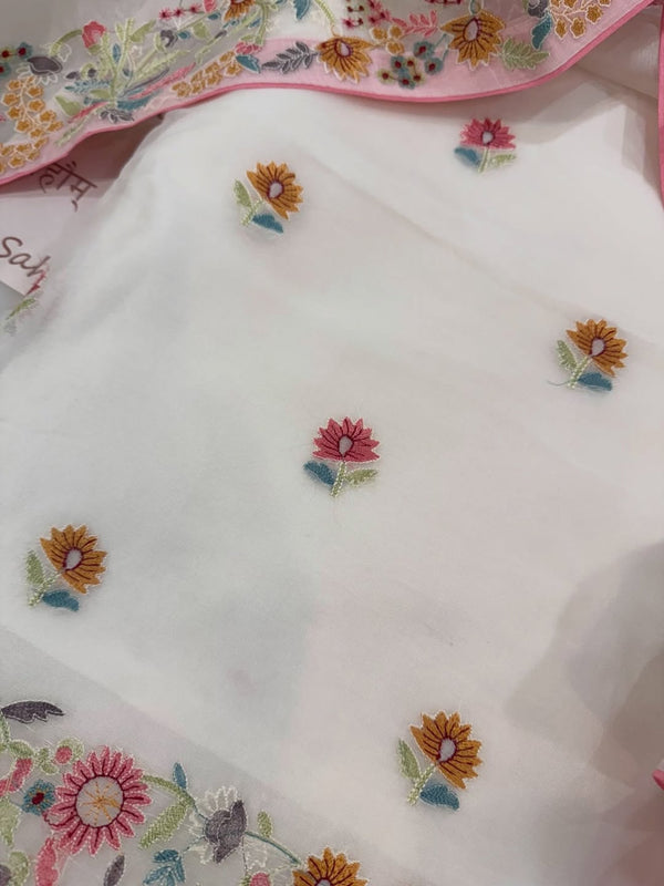 Pure organza silk thread work embroidered kurta and dupatta combined with a plain lower.