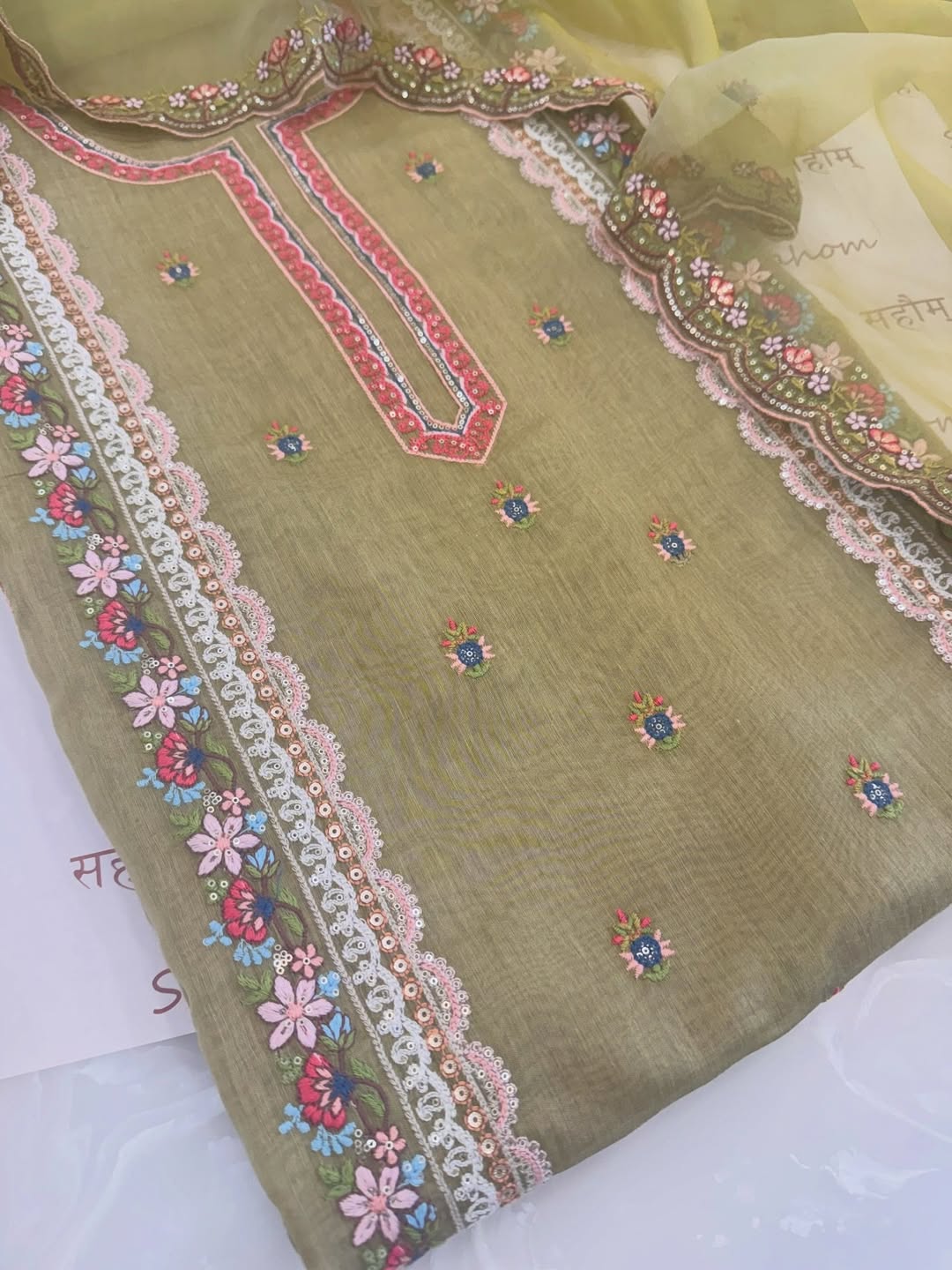 Pure mulchanderi kurta paired with fine organza dupatta